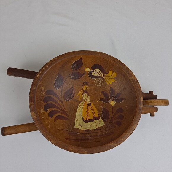 Wooden Wheelbarrow Fruit Bowl Centerpiece Lady with Floral Painting Mid-Century - Picture 1 of 13